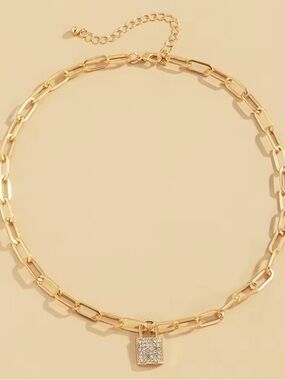 Chain Necklace 18k Plated with Pavé White Topaz Padlock Pendant - Women Jewelry